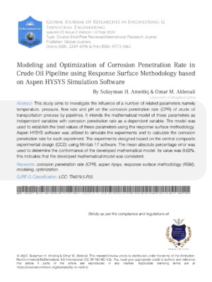 Corrosion penetration (CPR), oil pipeline corrosion, surface methodology, corrosion rate analysis.