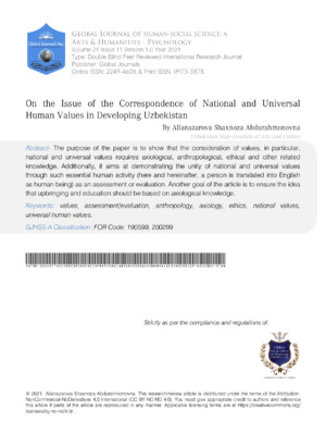 The image discusses national and universal human values outlined in an academic journal, emphasizing cultural and educational research.