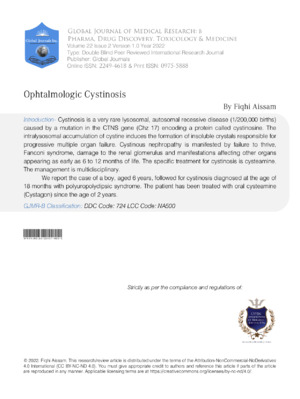 Cystinosis diagnosis and ocular cysts in eye health research.