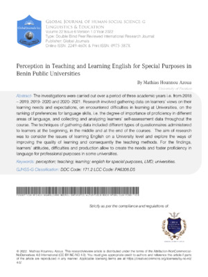 Perception in Teaching and Learning English for Specific Purposes in Benin Public Universities.