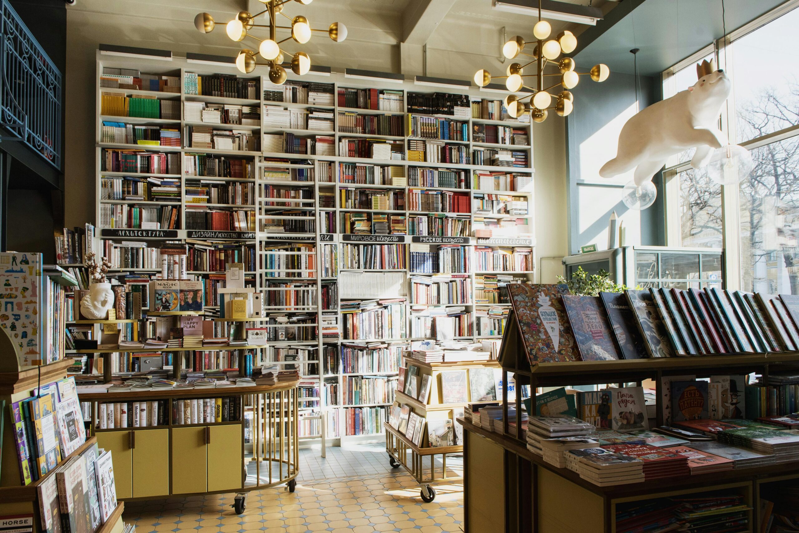 Bright bookstore interior showcasing diverse books on shelves and tables.