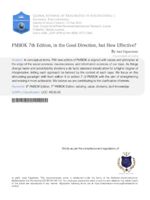 An academic journal page featuring the title and overview of the PMBOK 7th Edition and its effectiveness in project management.