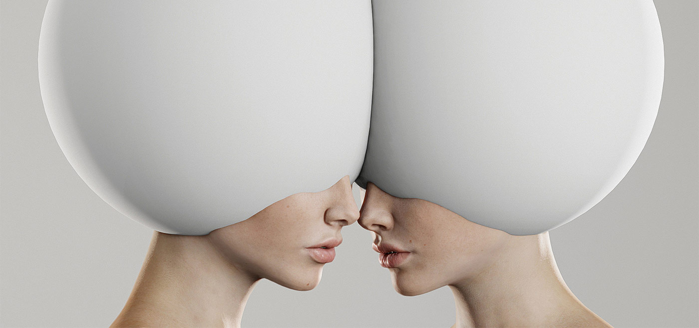 Women with oversized white spheres covering their heads, symbolizing abstract connection, surrealism, and artistic expression.