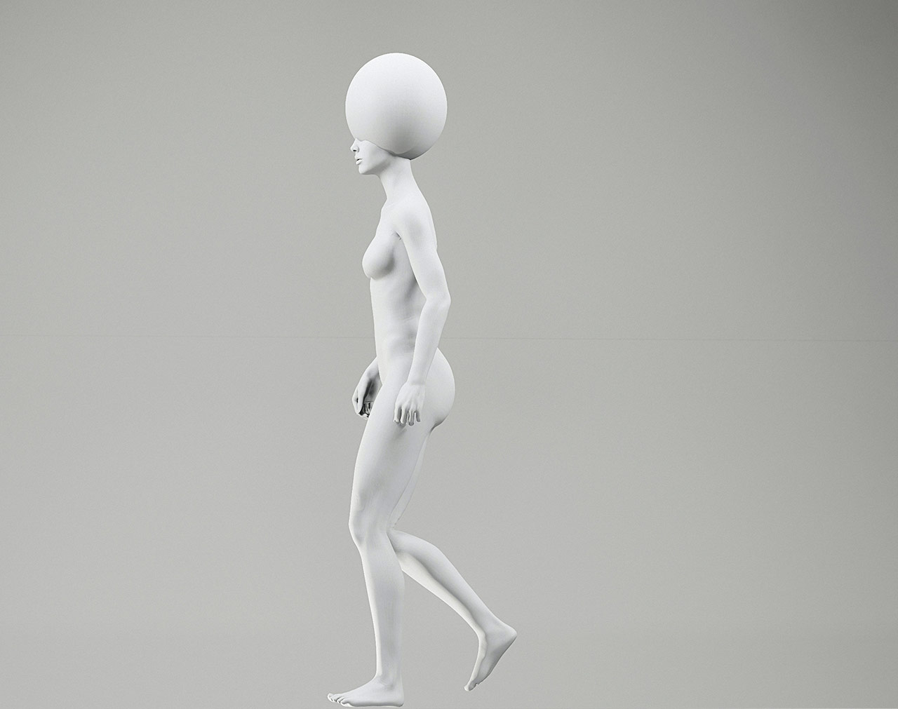 A sleek white mannequin with an oversized spherical head, minimalist design, standing in profile on a neutral background.