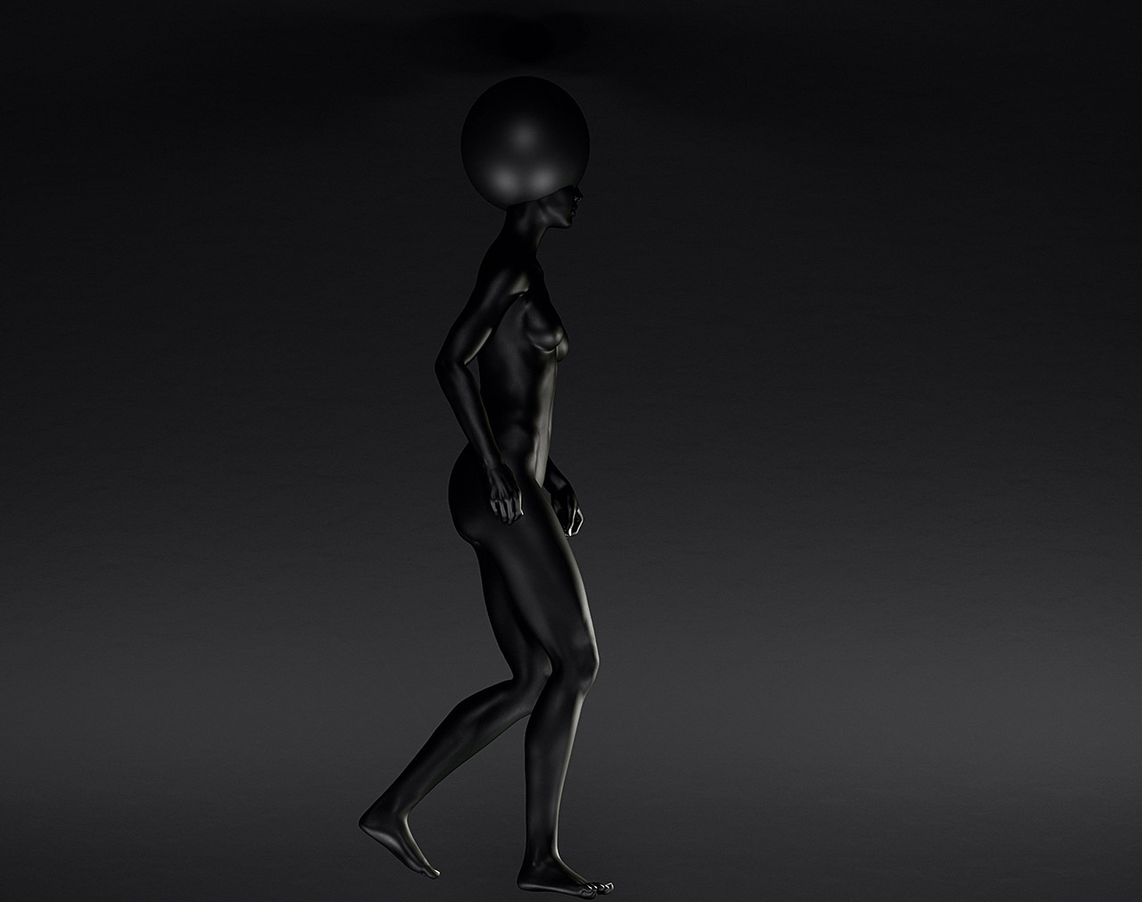 Futuristic black glossy female mannequin with a spherical head, walking pose on dark background.