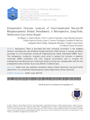 Postoperative outcomes of non-complicated macula-off retinal detachments.