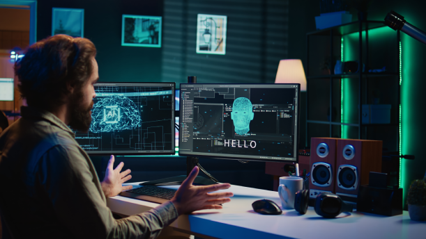 High-tech AI research laboratory with multiple monitors displaying digital brain graphics and data analysis.