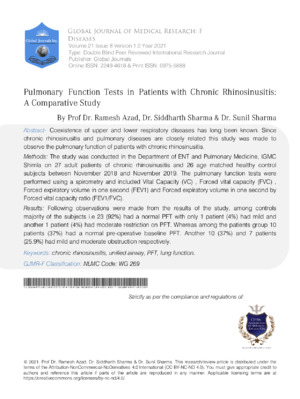 Pulmonary function tests comparison study on chronic rhinosinusitis patients for better diagnosis.