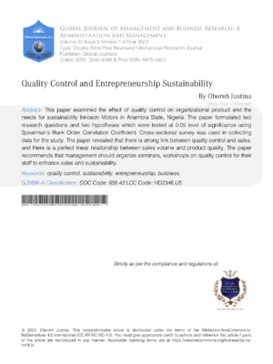 Alt text: Academic journal article on quality control and sustainability in entrepreneurship research.