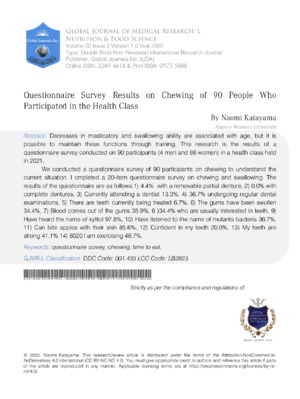 Chewing survey results on 90 people in a class, examining effects on mastication and digestion.