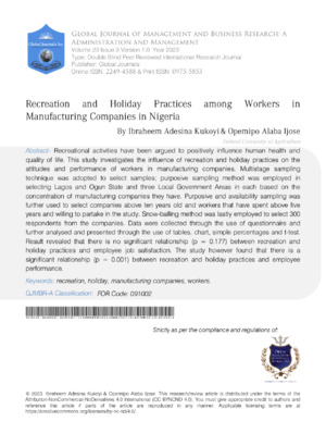 Recreation and holiday practices in manufacturing companies studied. Enhances well-being and team performance.