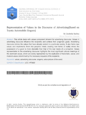Analysis of advertising values in Toyota discourse.