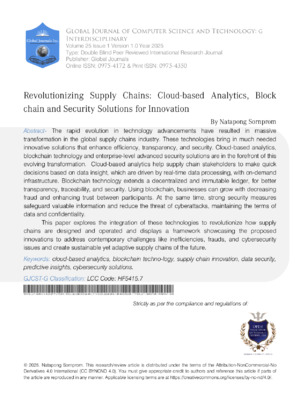 Cloud-based analytics, blockchain tech, supply chain, data security, digital trust, IoT, cybersecurity.