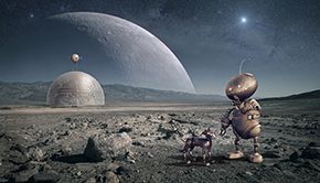 A futuristic astronaut and rover on the moon's surface with planets and stars in space background.