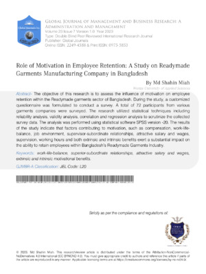 Alt text: Study on employee retention in readymade garments manufacturing in Bangladesh. Impact on motivation and business success.