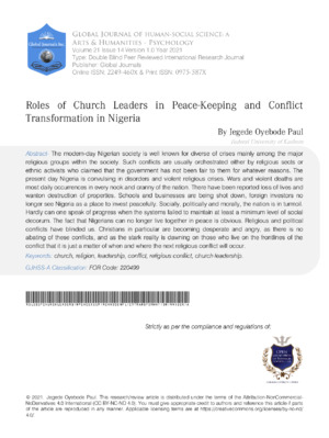 Church leadership and peacekeeping in conflict transformation analyzed.