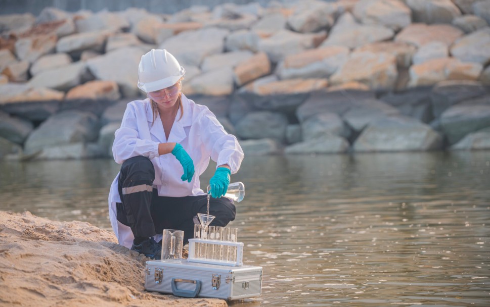 Water quality testing by scientist at riverbank.