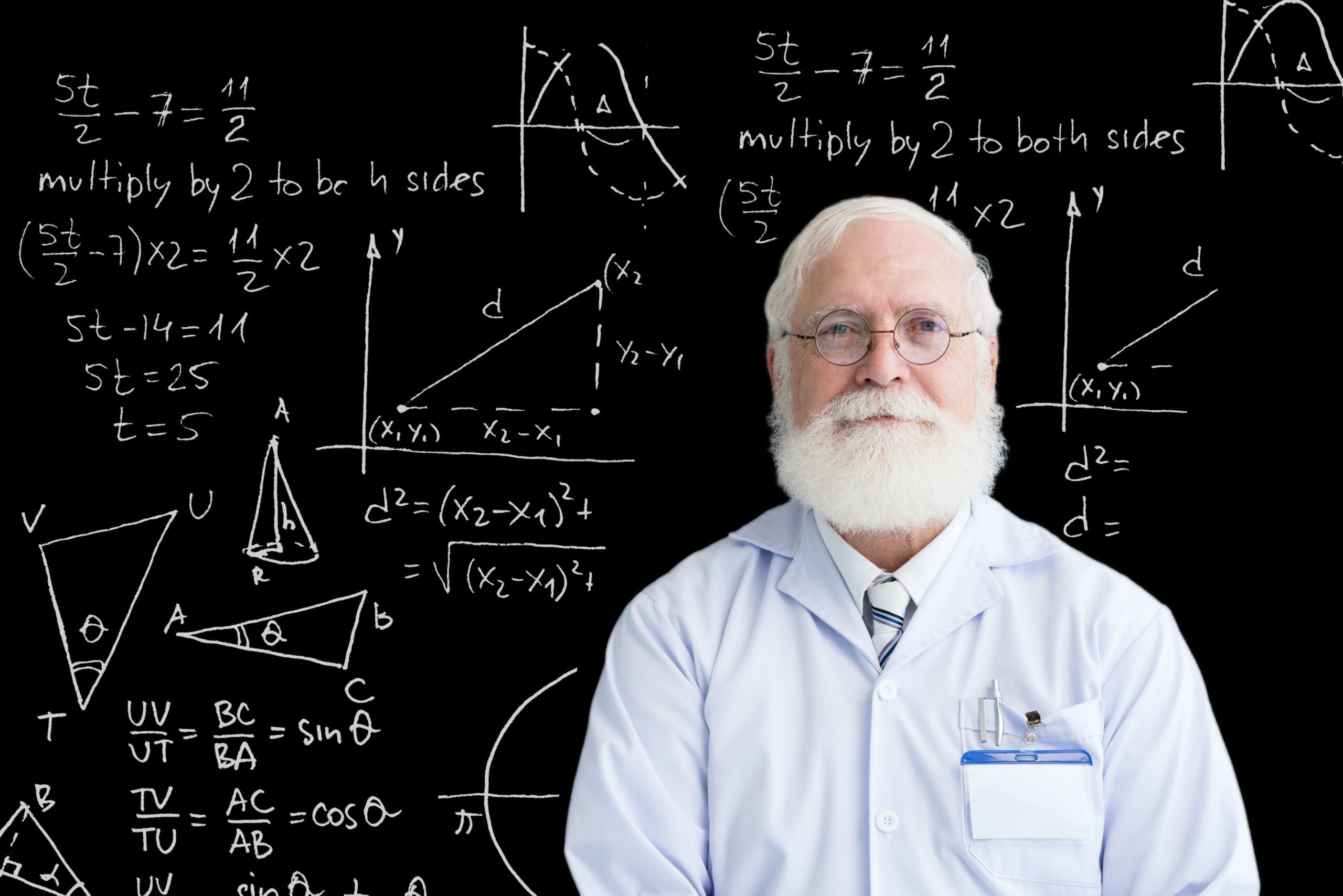 A senior scientist standing in front of a blackboard filled with mathematical equations and diagrams, indicating advanced academic research in mathematics and science.