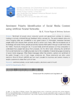 Analyzes sentiment polarity of social media content using artificial neural networks.