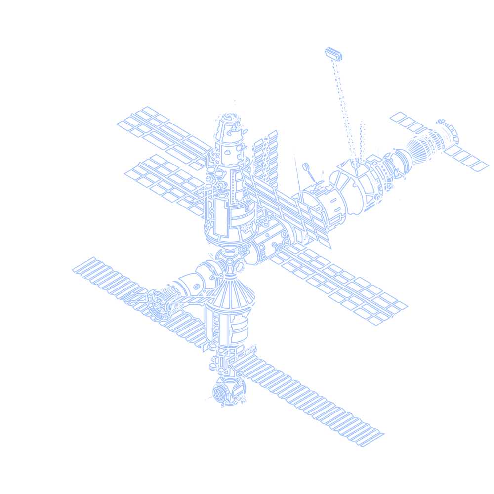 An illustration of a space station with solar panels and docking modules, emphasizing scientific research and innovation in space.