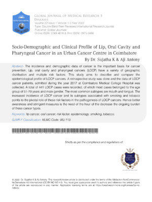 Socio-Demographic Profile of Lip, Oral Cavity, and Pharyngeal Cancer in Coimbatore, India.