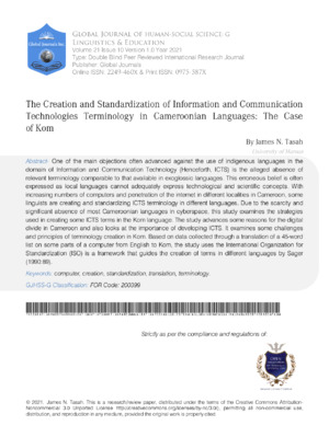 Advanced research on ICT terminology standardization in Cameroonian languages, focusing on the case of Kom.