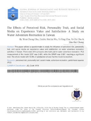 Perceived risk, personality traits, and social media influence water adventure recreation satisfaction in Taiwan.