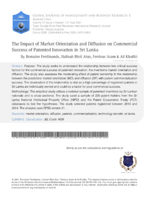 Exploring market orientation, diffusion, and success of patented innovations in Sri Lanka.
