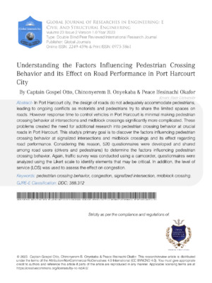 Pedestrian crossing behavior, congestion, and safety in Port Harcourt City across road performance.
