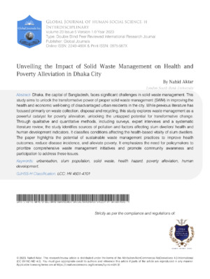Alt text: Academic journal cover page on waste management's impact on health and poverty alleviation in Dhaka.