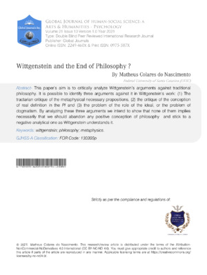 Wittgenstein philosophy academic journal article on the end of philosophy, logic, language, and epistemology by Matheus Colares de Nascimento.